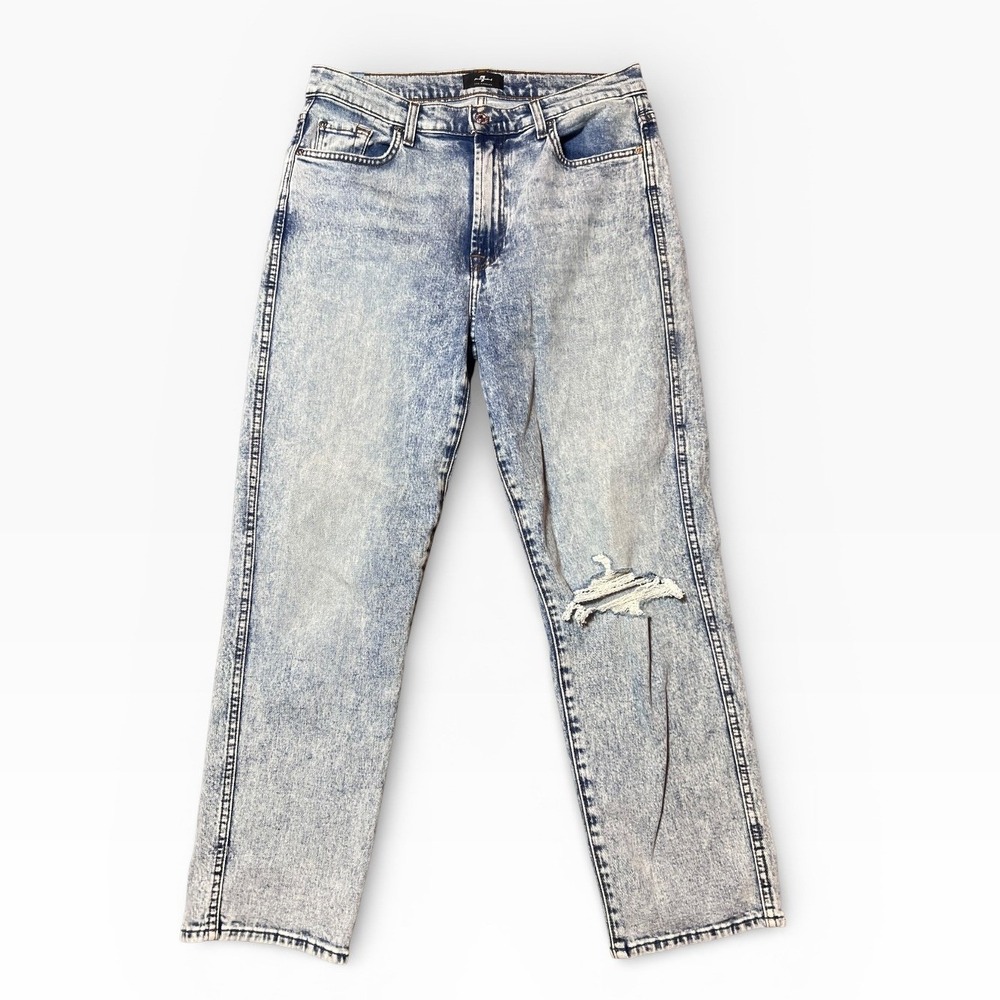 7 For All Mankind High Waist Cropped Straight Jeans Acid Wash Distressed Size 30